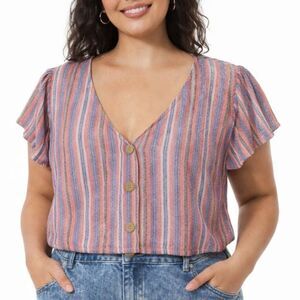 Striped V-neck Button-Up Blouse Coral/Blue Size Large Linen Blend